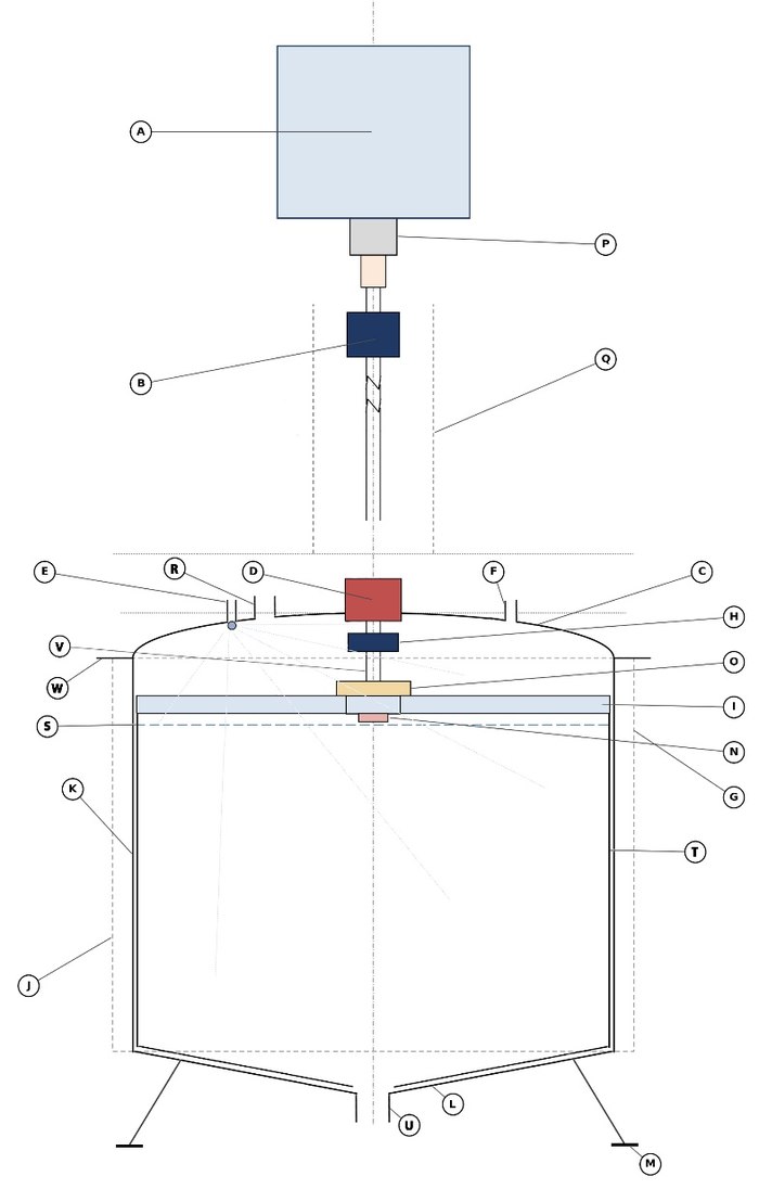 Annotated embodiment layout sketch of the tahini tank, callouts A through W