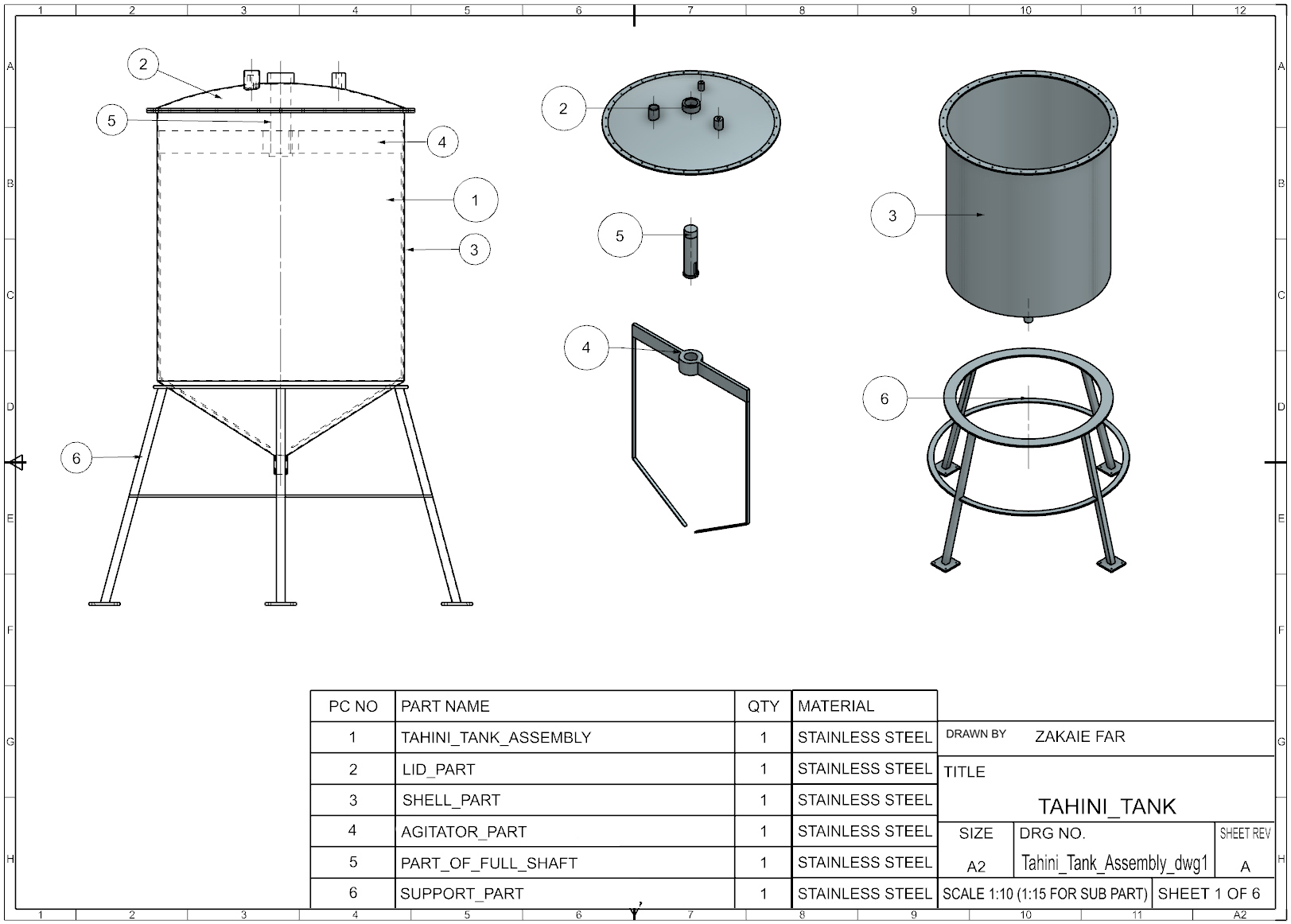 Tahini Tank assembly engineering drawing with parts list, sheet 1 of 6