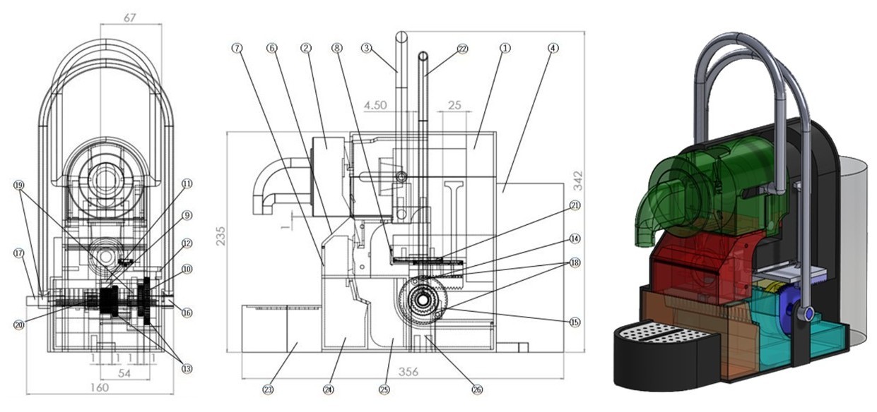 Labeled front and side assembly drawings next to a color-coded cutaway render of the final machine